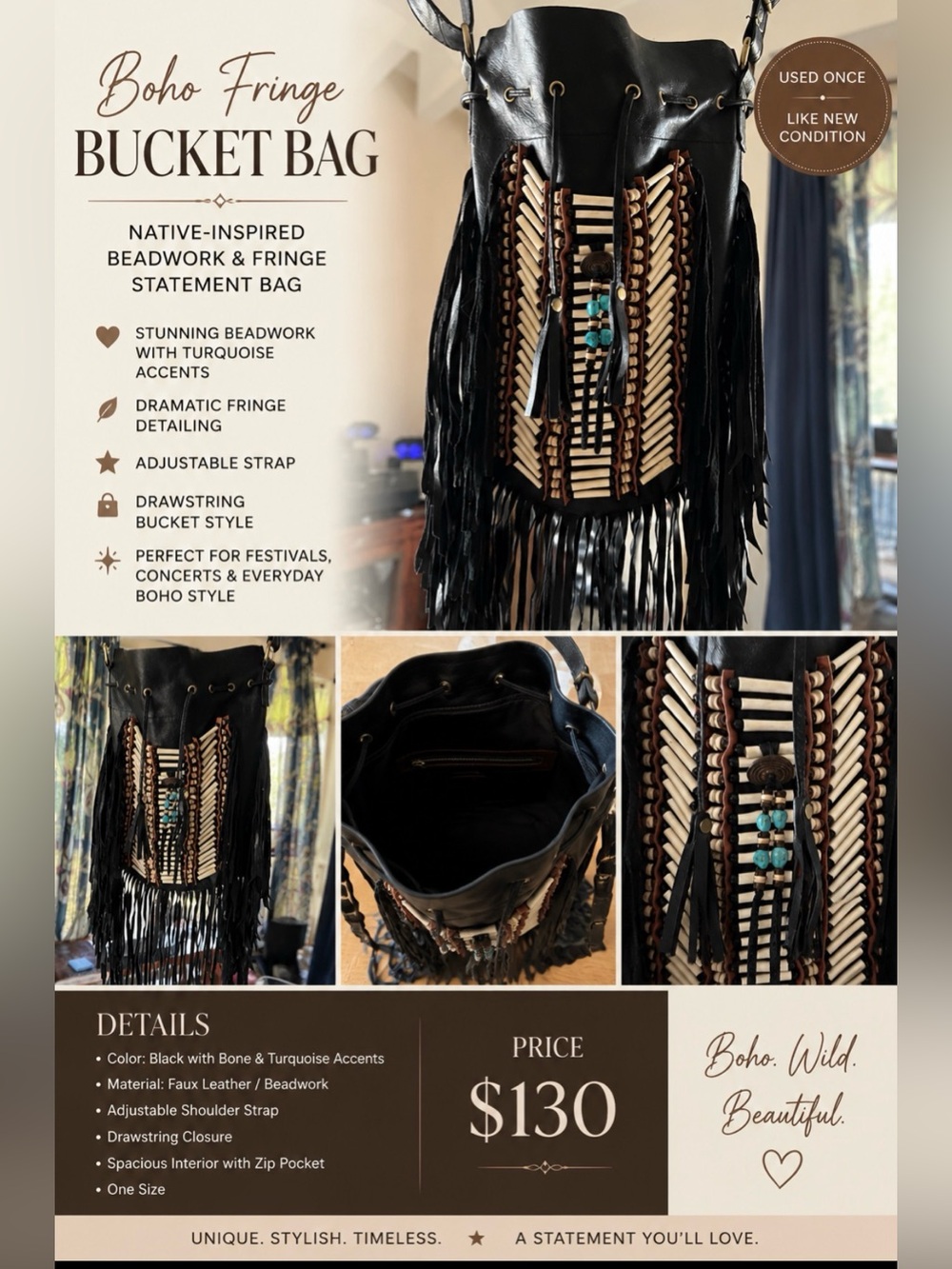 Boho Fringe Bucket Bag with Turquoise Accents